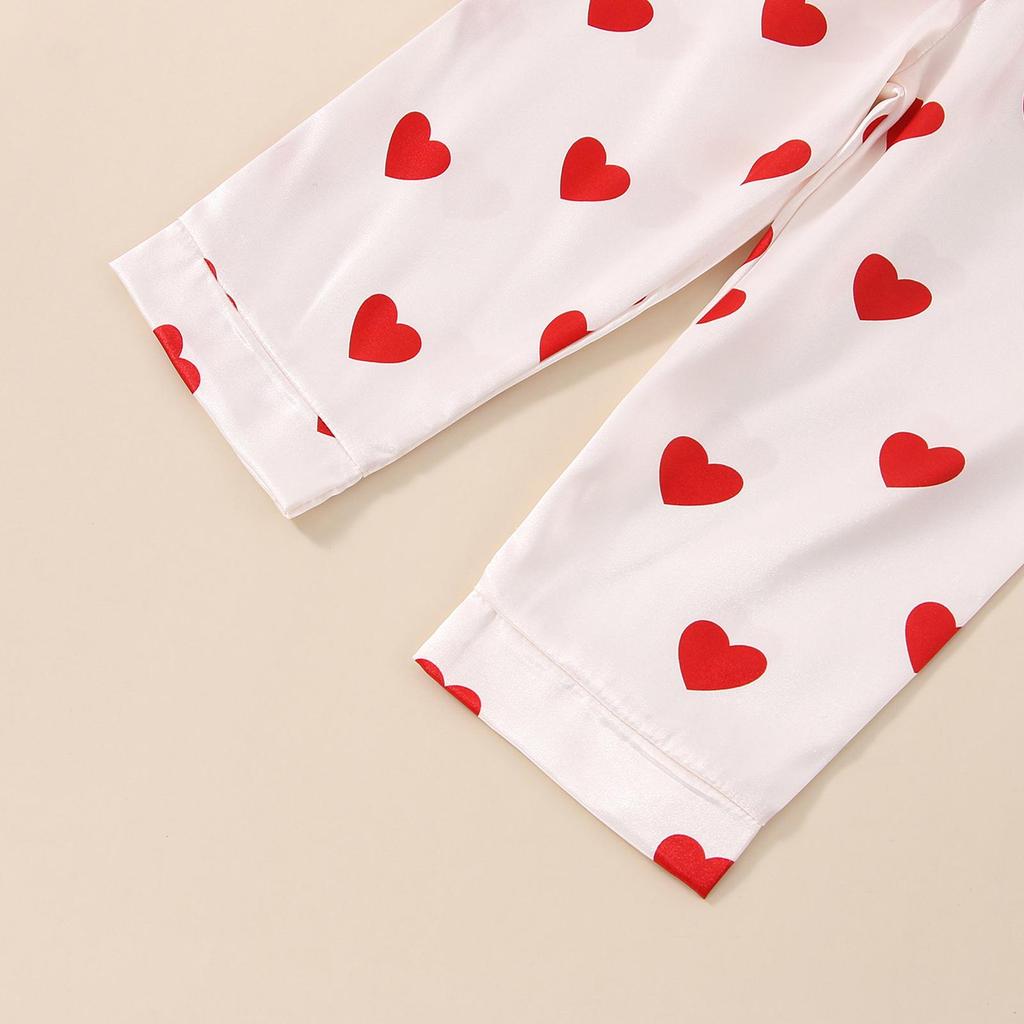 Детские пижамы для девочек 1, 2, 3, 4, 5, 6, 7 лет, топы с длинными рукавами, лацканами и пуговицами, с принтом в виде сердца, прямые брюки для сна, дома