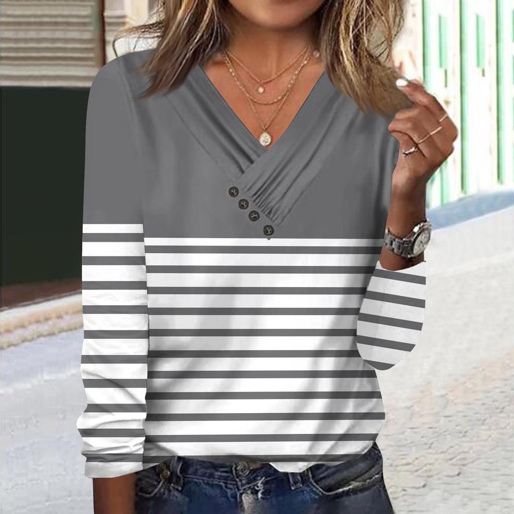 Женские топы с длинными рукавами, осенние блузки с v-образным вырезом и длинными рукавами, свободный крой, повседневные футболки с принтами на пуговицах