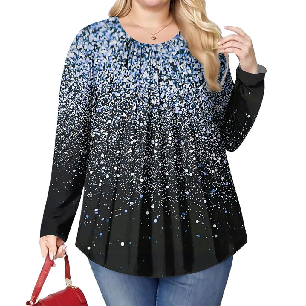Women's Plus Size Fashion Printed Casual Pleated Round Neck Long Sleeve Top