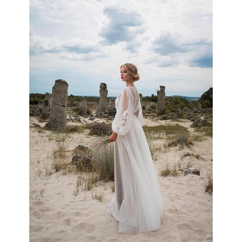 Women Elegant Round Neck Long Sleeves Lace Mesh Bride Bridesmaids Wedding Long Dress Gorgeous Party Maxi Ball Gowns