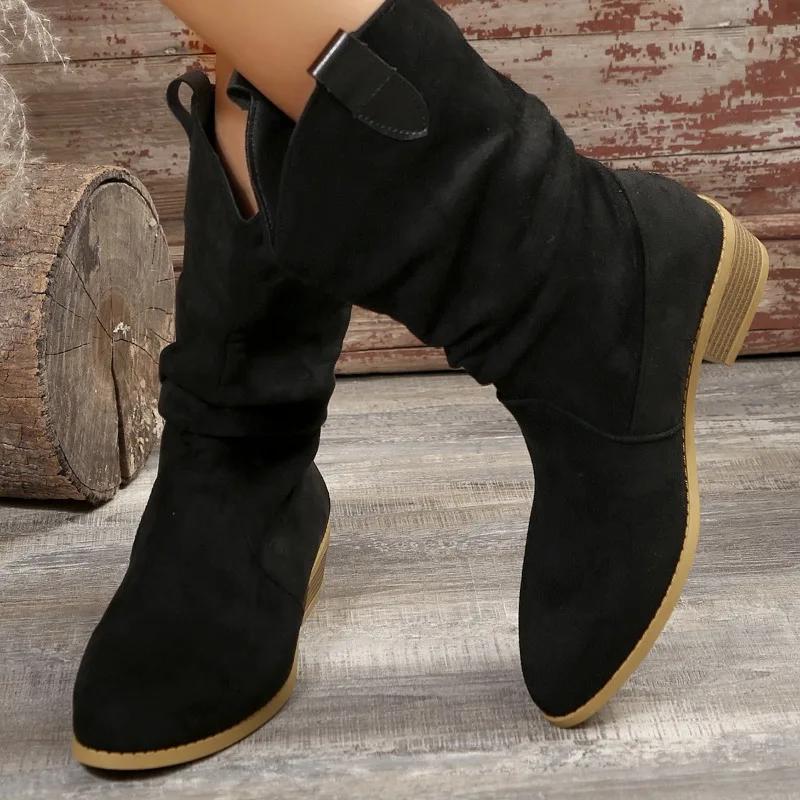 Female Shoes On Sale 2024 New Slip On Women's Boots Spring Autumn Pointed Toe Solid High Tube Chunky Heels Plus Size Boots