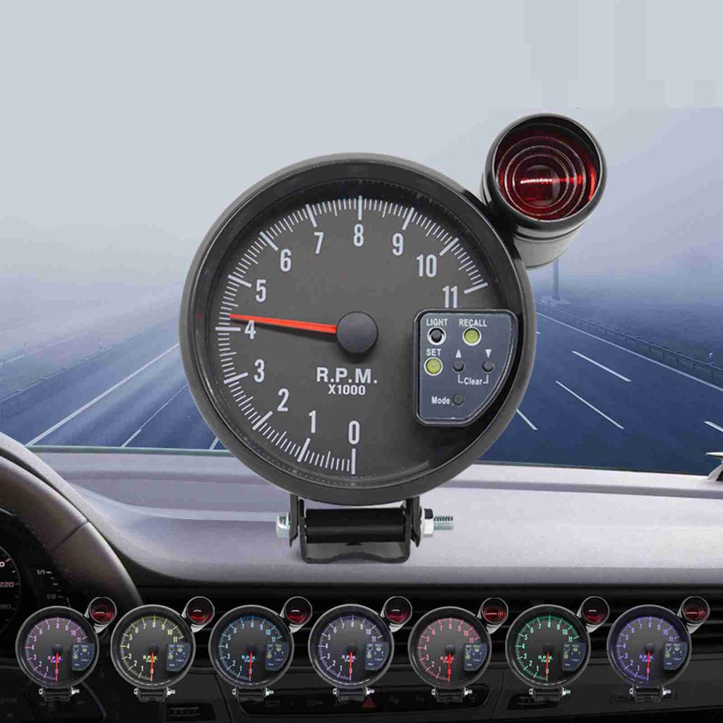 5-дюймовый тахометр, черный, 7 цветов подсветки, со световым индикатором переключения, звуковым сигналом достижения пика, светодиодной вспышкой при предупреждении о превышении оборотов