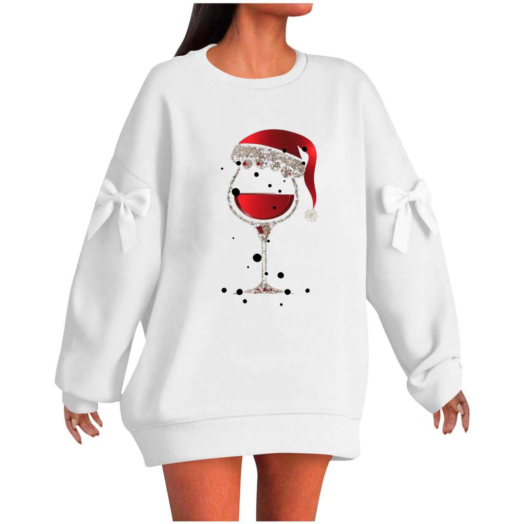 Ladies' Christmas Printed Bow Round Neck Long Sleeved Loose Pullover Sweater Sweatshirt Top