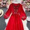 National Style Elegant Beach Vacation Dress Women Embroidery Flower Print Vintage Party Midi Dresses Female Loose Retro Design Casual Clothes