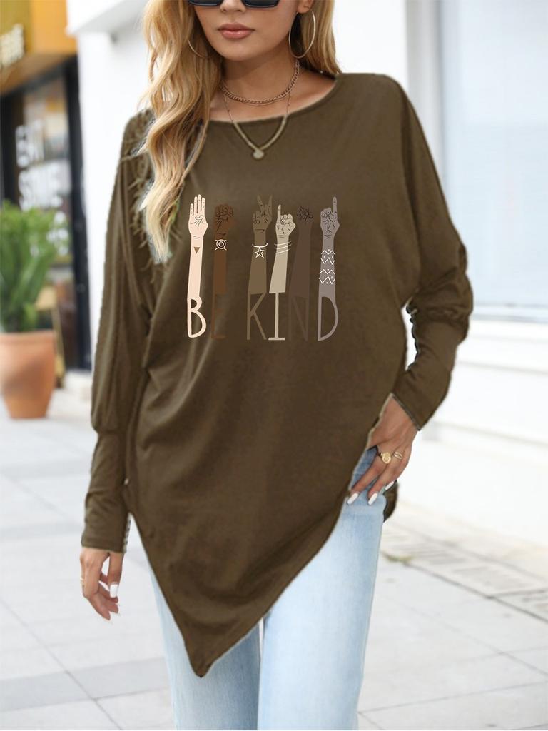 Women's Oversize Long-Sleeve Spring/Fall Asymmetrical Hem T-Shirt Fashion Printed Logn Sleeve Top