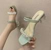 Fashion Square Heels Pumps Summer 2024 Heeled Pearl One Word High Sandals for Women Footwear Green Ladies Shoes Wholesale Korea F Sale H