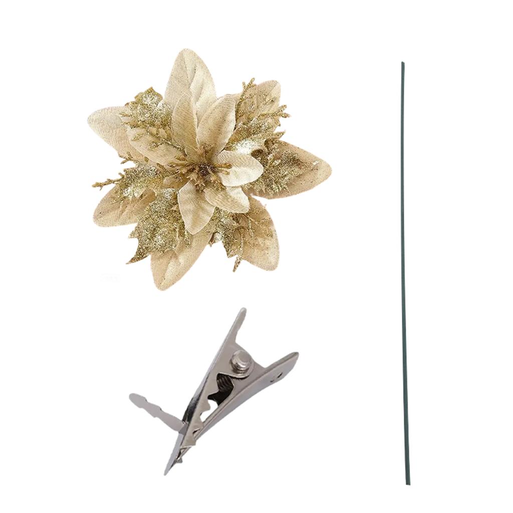 Glitter Poinsettia 5.5 Inch Artificial Flower Christmas Clip Stem Christmas Tree Ornaments For Wedding Party Wreath Decoration
