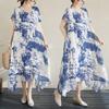 Лето 2025 года, новое хлопковое льняное платье с V-образным вырезом и принтом больших размеров