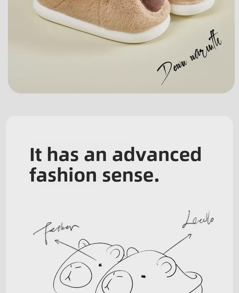 Женские плюшевые хлопковые тапочки Capibara — нескользящая, теплая домашняя обувь для осени/зимы