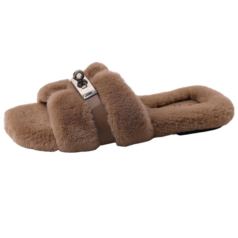 Мода осень-зима 2025, простые шлепанцы с пряжкой, пушистые тапочки интернет-знаменитости, женская повседневная обувь на толстой подошве, хлопковые туфли на перемычке