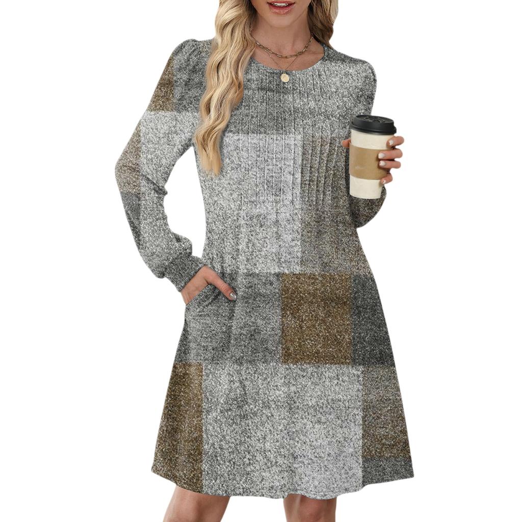 Женское повседневное платье с длинным рукавом, плиссировкой, круглым вырезом, винтажным цветочным принтом и карманами