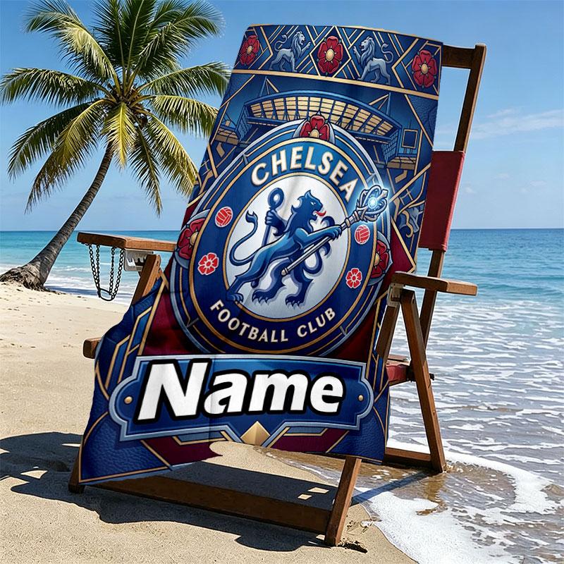 Custom Name Personalized Chelsea Football Club Print Beach Towel, for Trip Camping Beach Party Home Decor, Birthday Gift for Family & Friends