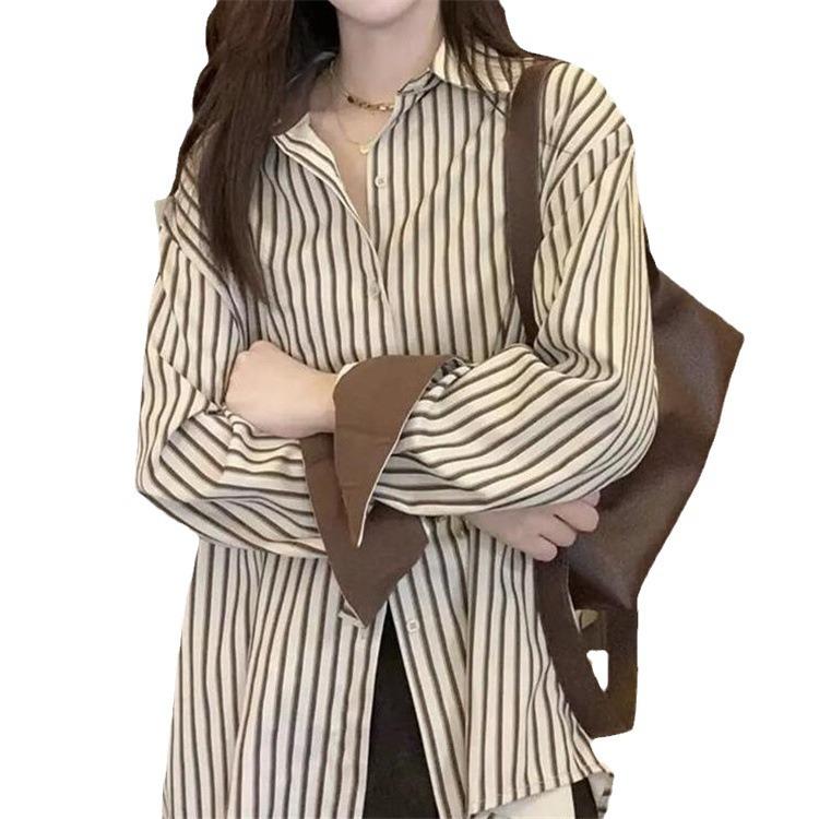 Early Spring Clothing Vertical Striped Shirt Female Long-sleeved Design Sense Niche Retro Hong Kong Flavor Stacked Shirt Female Comfortable Clothes