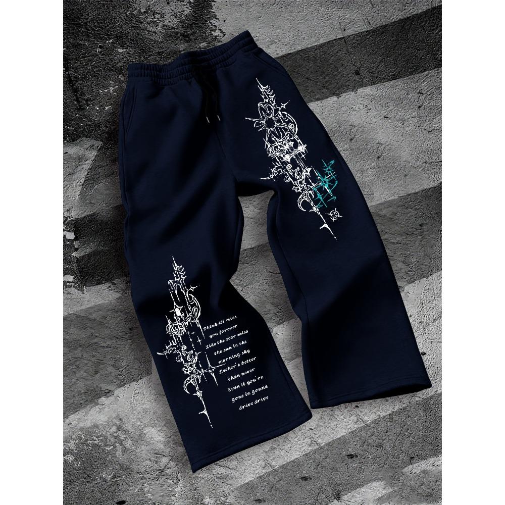 Urban Black Baggy Sweatpants for Men, Wide Leg Design with Striking White Flame Embroidery, Drawstring, Street Style