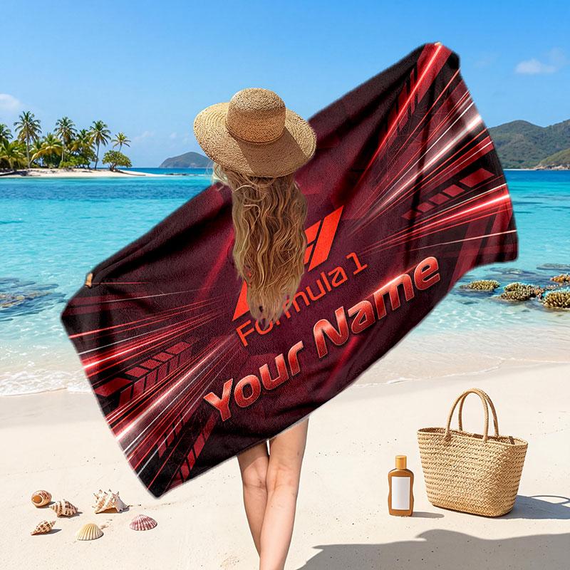 F1 Customized Name Text Beach Towel, Soft Absorbent Towel Beach Pool Travel Personal Gift