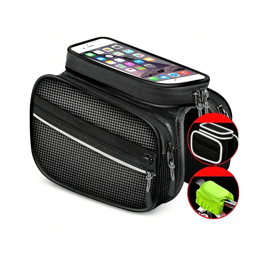 Touchscreen Bike Front Beam Bag with Reflective Stripe Waterproof Phone Storage Baga
