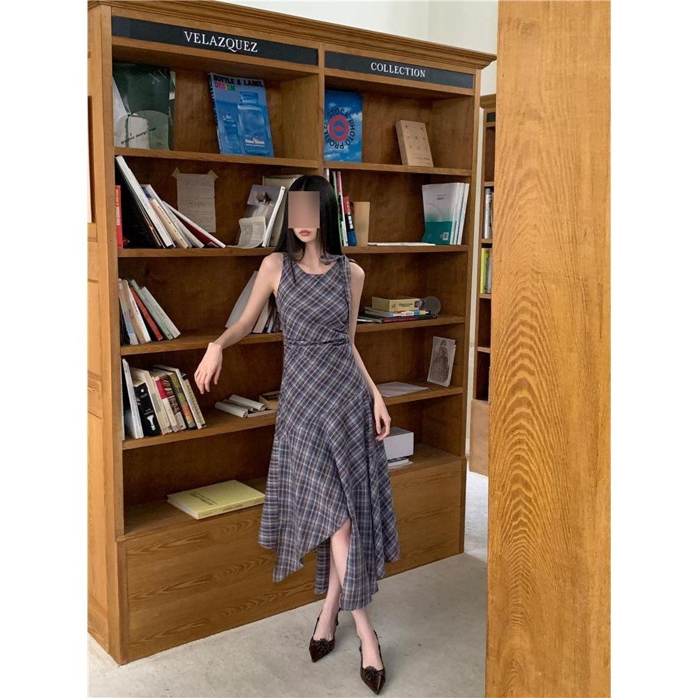 Американское винтажное клетчатое платье без рукавов женское летнее новое нишевое нерегулярное платье-жилет миди длины