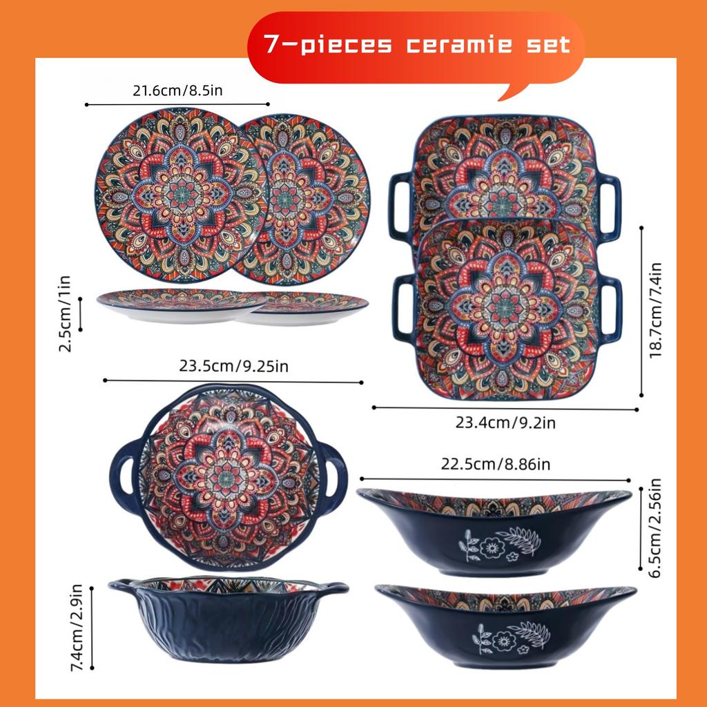 Bohemian ceramic plate 7-piece set cross-border high-value plate household new dessert plate underglazed plate spaghetti bowl