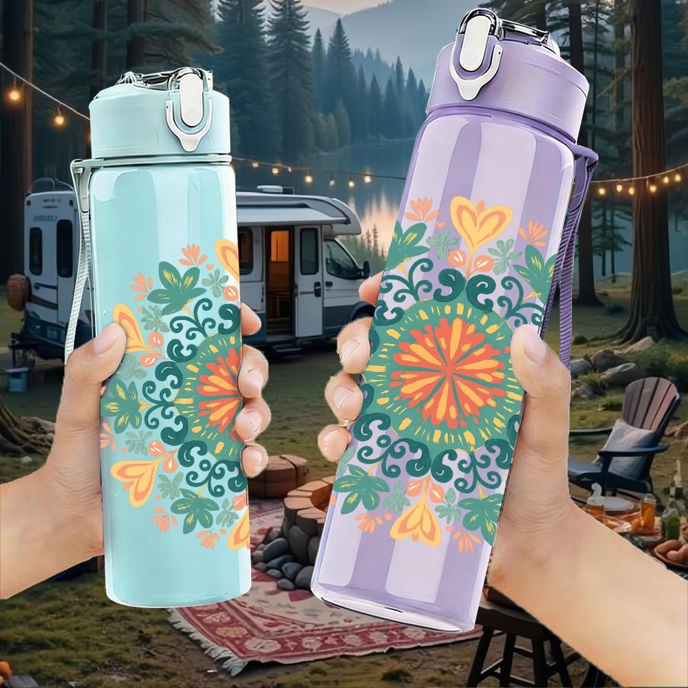 1PC Soft Tone Mandala Pattern 750ml Color Plastic Sports Water Bottle Leakproof Flip Straw Lid Suitable for Sports Office Home Use