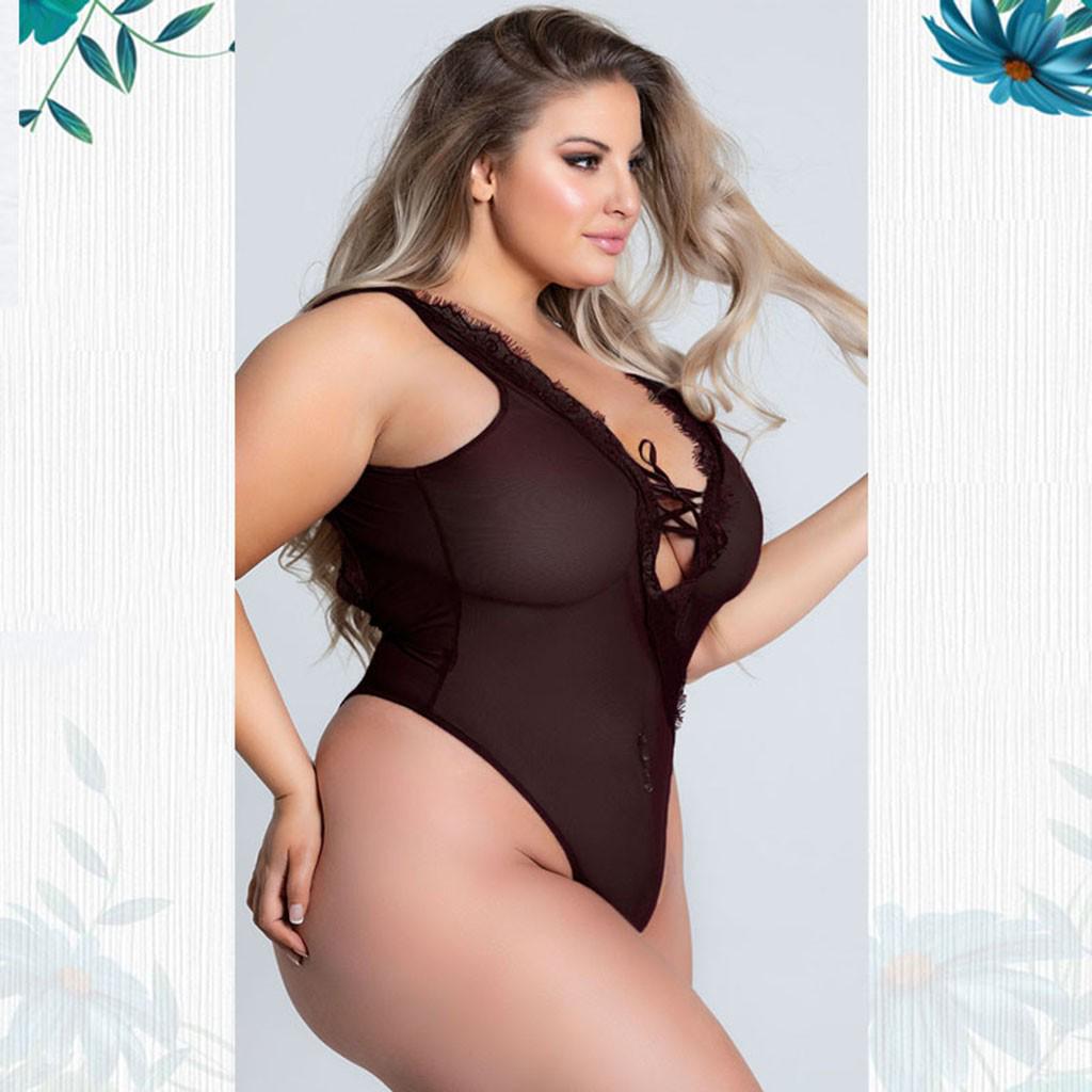 Women Plus Size Sexy Underwear Pajamas Lingerie Deep V-Neck Backless Bodysuit