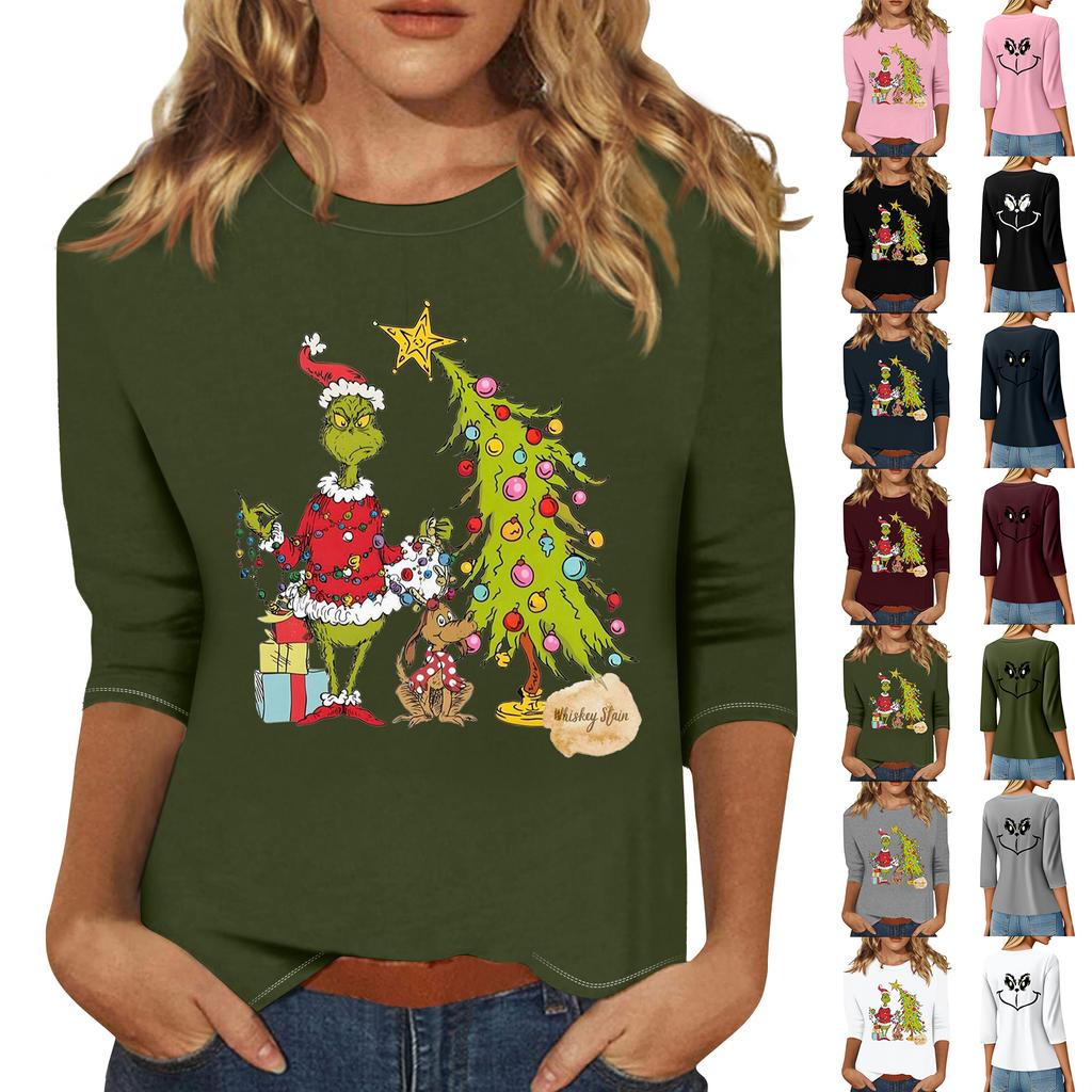 3/4 Sleeve Tops For Women T-Shirt Casual Christmas Print Tops T Shirt Round Neck Pullover Blouse