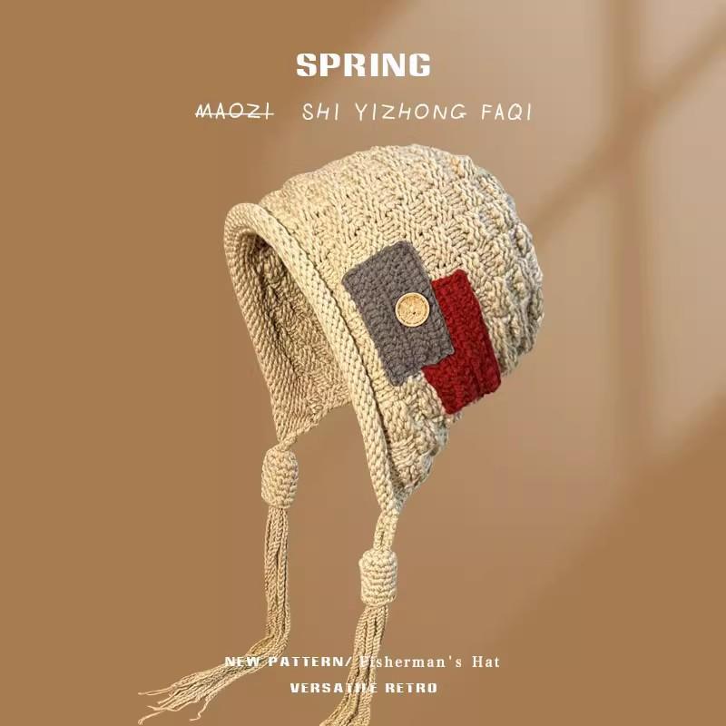 Korean Version Trend Tassel Warm Hat for Women Autumn and Winter Handmade Knitted Wool Hat Versatile Ear Protection Hat