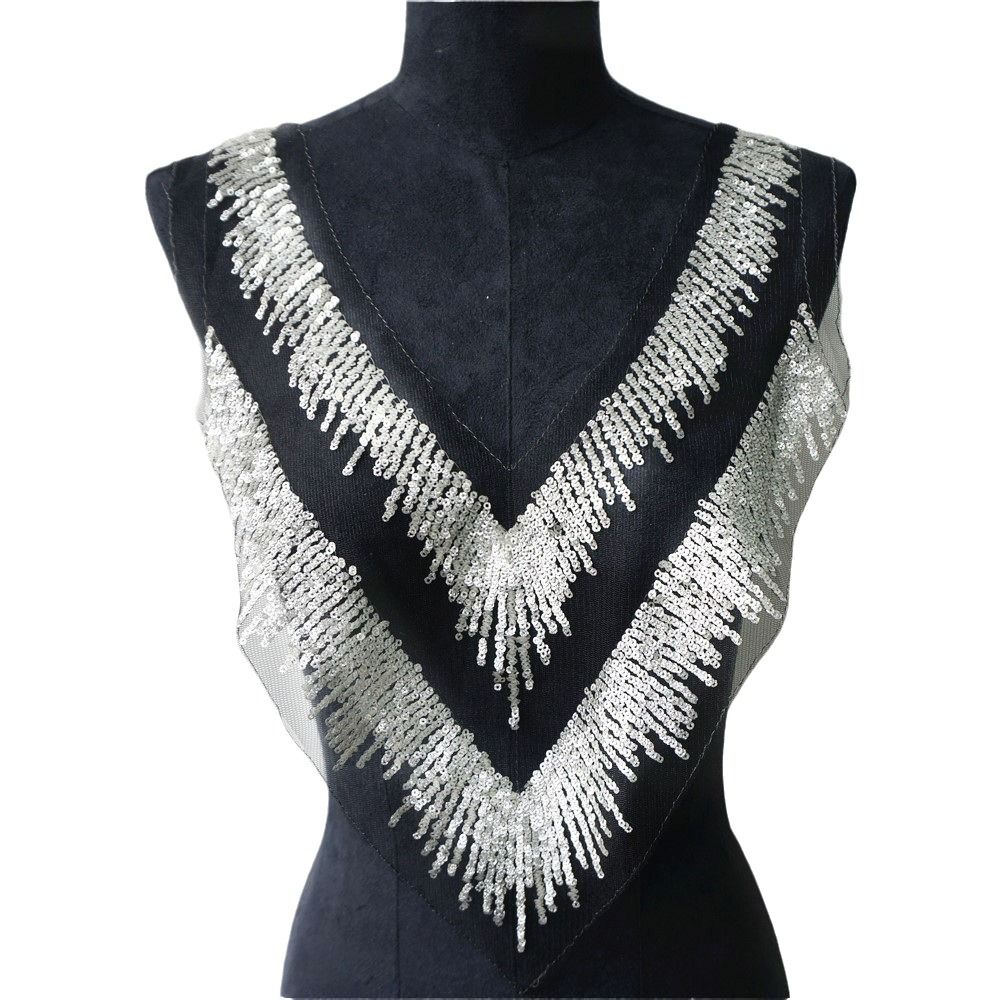 V Collar Design Mesh Lace Appliques Silver Sequins Dress Decoration Appliques Gown Embellishment