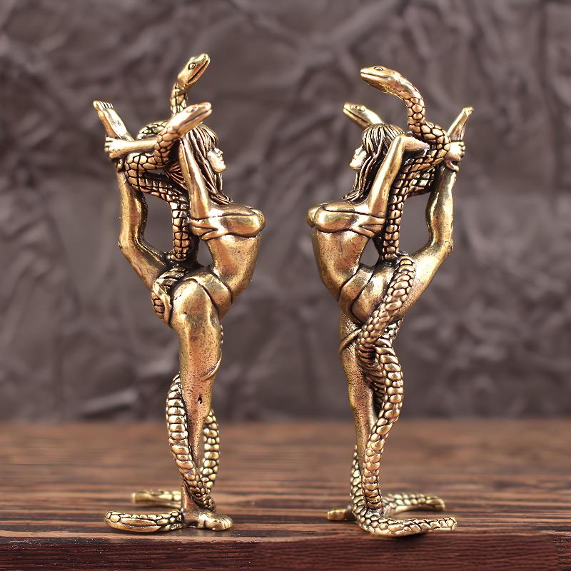 Solid Brass Women And Snake Furniture Ornaments Living Room Desk Tea Pet Brass Crafts Bronze Miniatures Decoration