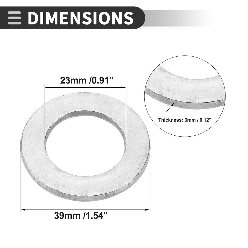 Motoforti Universal Flat Washers, 23mm Inner Diameter, 39mm Outer Diameter, 3mm Thick, Durable Stainless Steel, Silver Tone, 10-Piece Set
