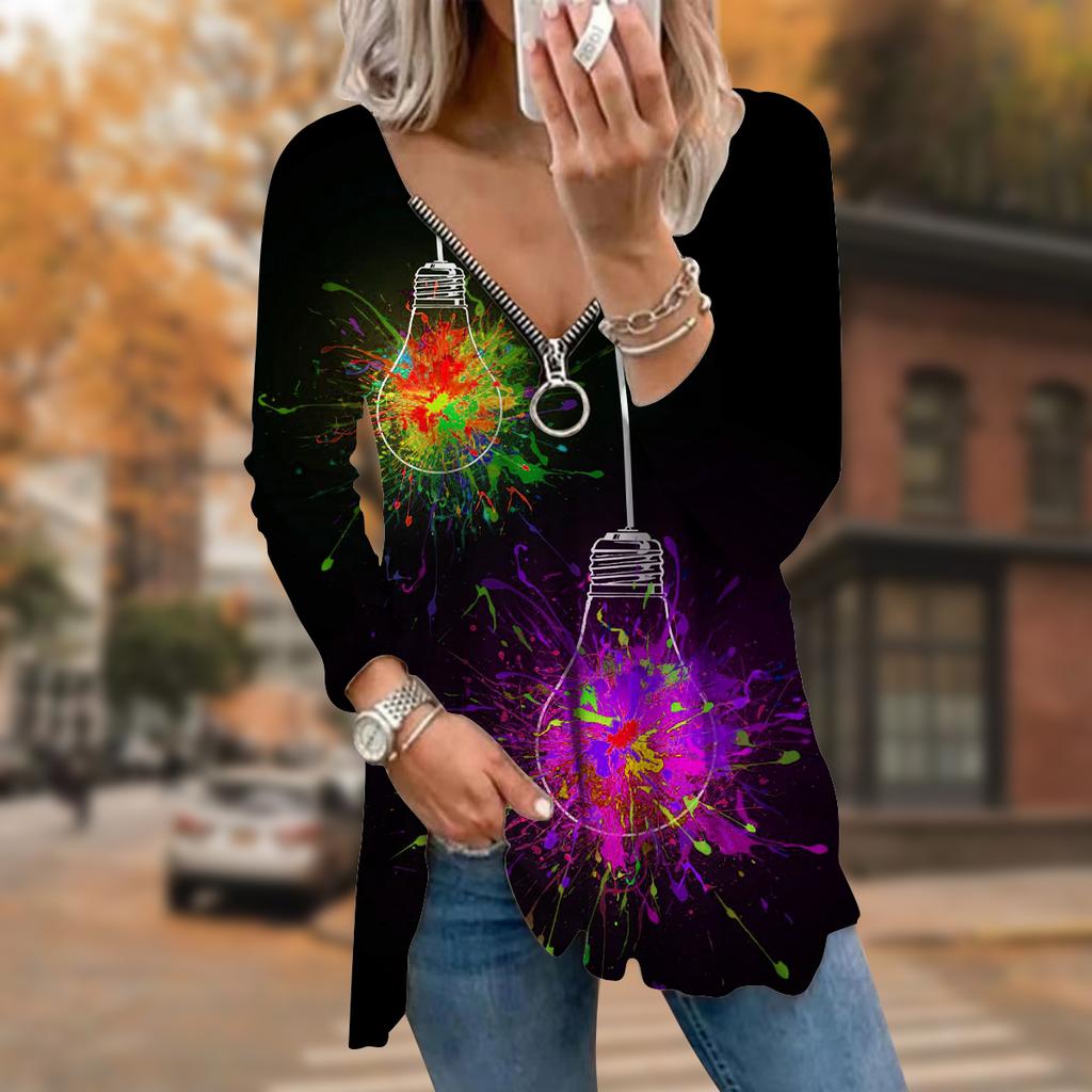 Women Autumn Colorful Light Bulb Printed Long Sleeve T-Shirts Loose V-Neck Plus Size Tee Shirt Tops Comfy Blouse