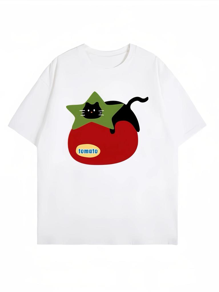 Summer Black Casual Tomato Cat Graphic Printed TShirts Round Neck Short Sleeve street Styles Comfortable Women Tops