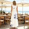 Vintage Chinese Ink Flower Motif U-Neck Sleeveless Long Gown, Lightweight Summer Travel Attire