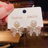Temperamental Women's Hollow Out Bowknot Zirconia Earrings Dangling Ladies Pearl Earrings Exquisite Generous Ear Jewelry