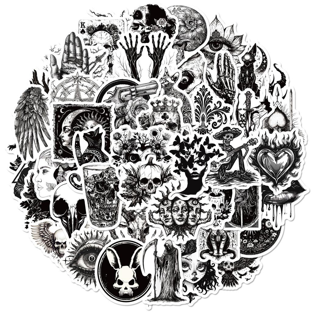 50 Black and White Personalized Gothic Stickers Skull Cool Fashion Horror Series Waterproof Stickers