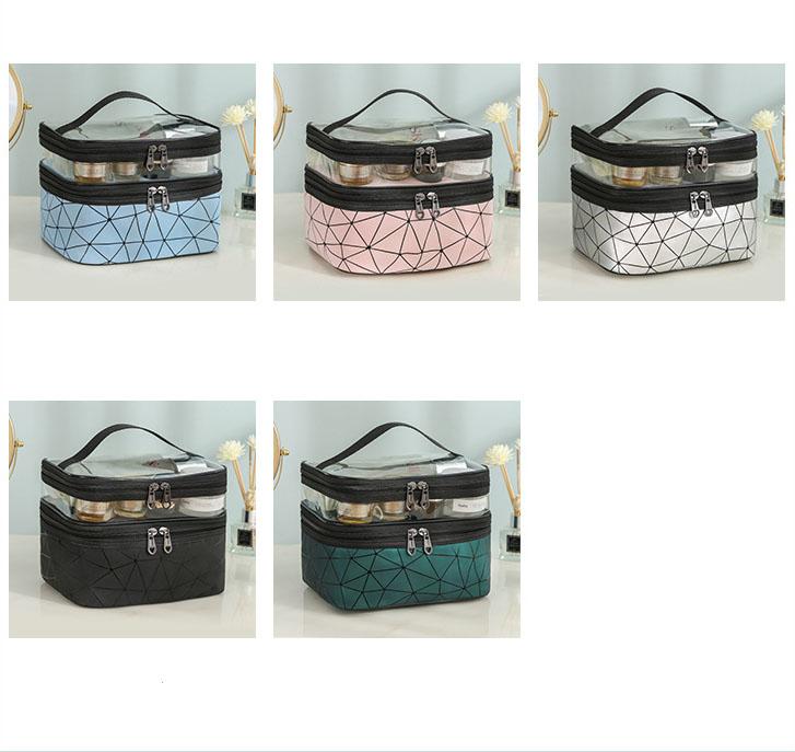 2024 Large Capacity Portable Waterproof PU Travel for Toiletry Bag with Double-Layer Geometric Pattern Makeup Storage Bag
