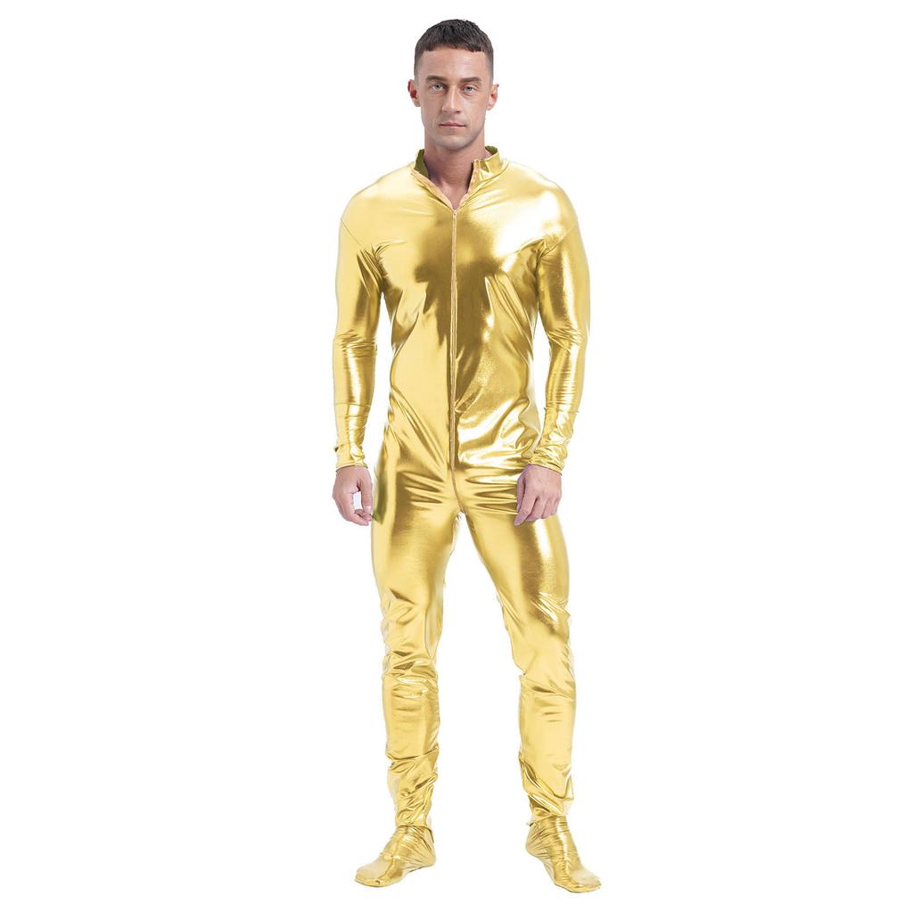 Mens Metallic Zentai Jumpsuit Full Body Tight Mock Neck Long Sleeve Club Performance Costume