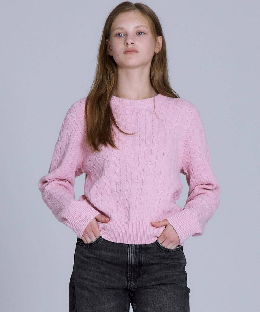 BASIC HOUSE Women'S Cable Round Neck Crop Knit Pink Lykt7201