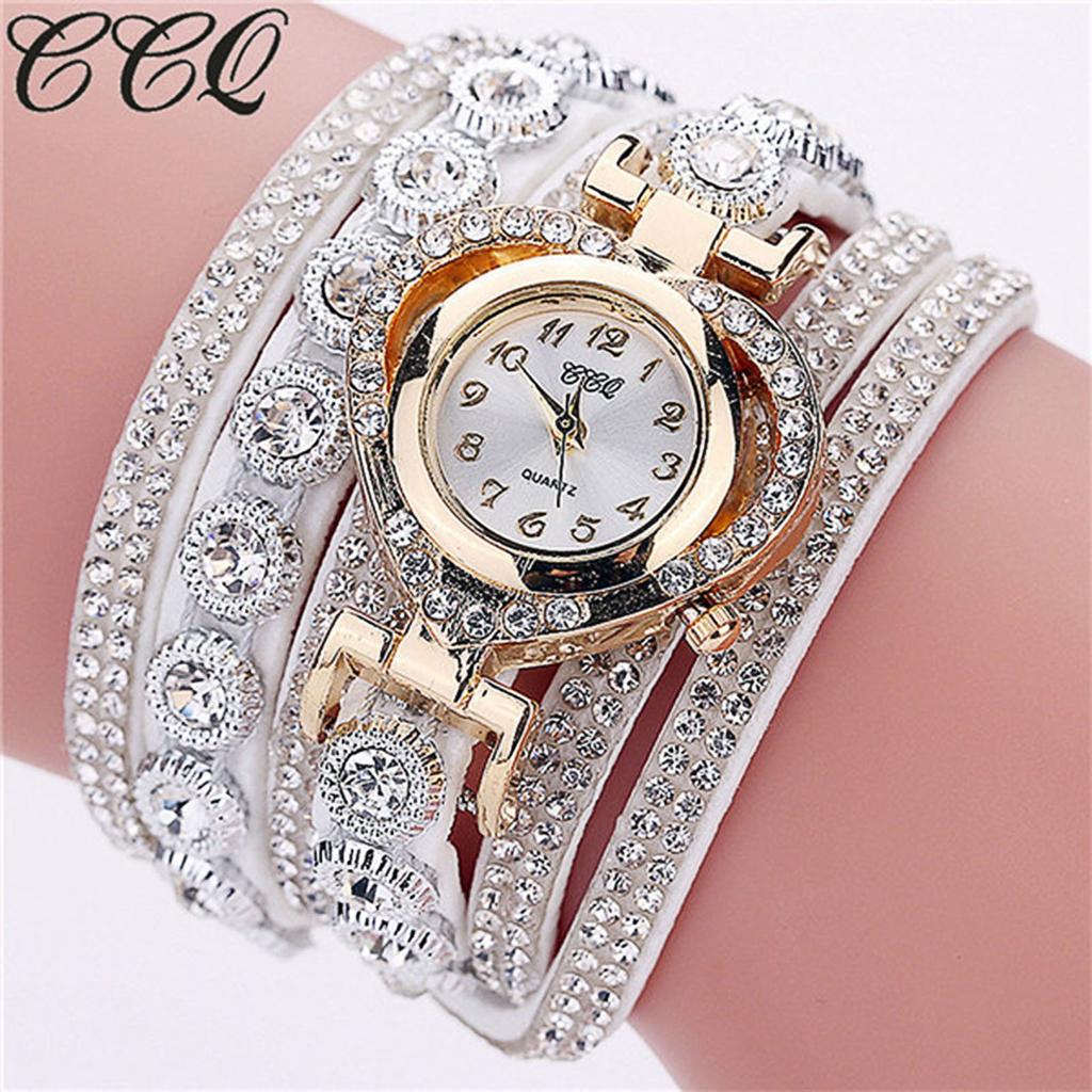 Leather Women Fashion Casual Decor Round Rhinestone Bracelet Watch