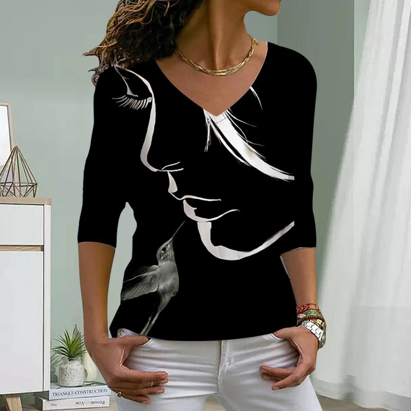 Handsome Woman's Face Print Women Tshirts Ladies Tops Long Sleeve V-neck Pullover Femme T-shirts T Shirt For Women
