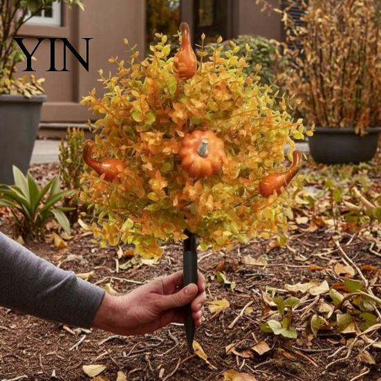 Reusable Fall Patio Accents Pumpkin Topiary Trees with Stakes, Artificial Autumn Eucalyptus Leaf Gourd Halloween Yard Decorations Decoration for Front