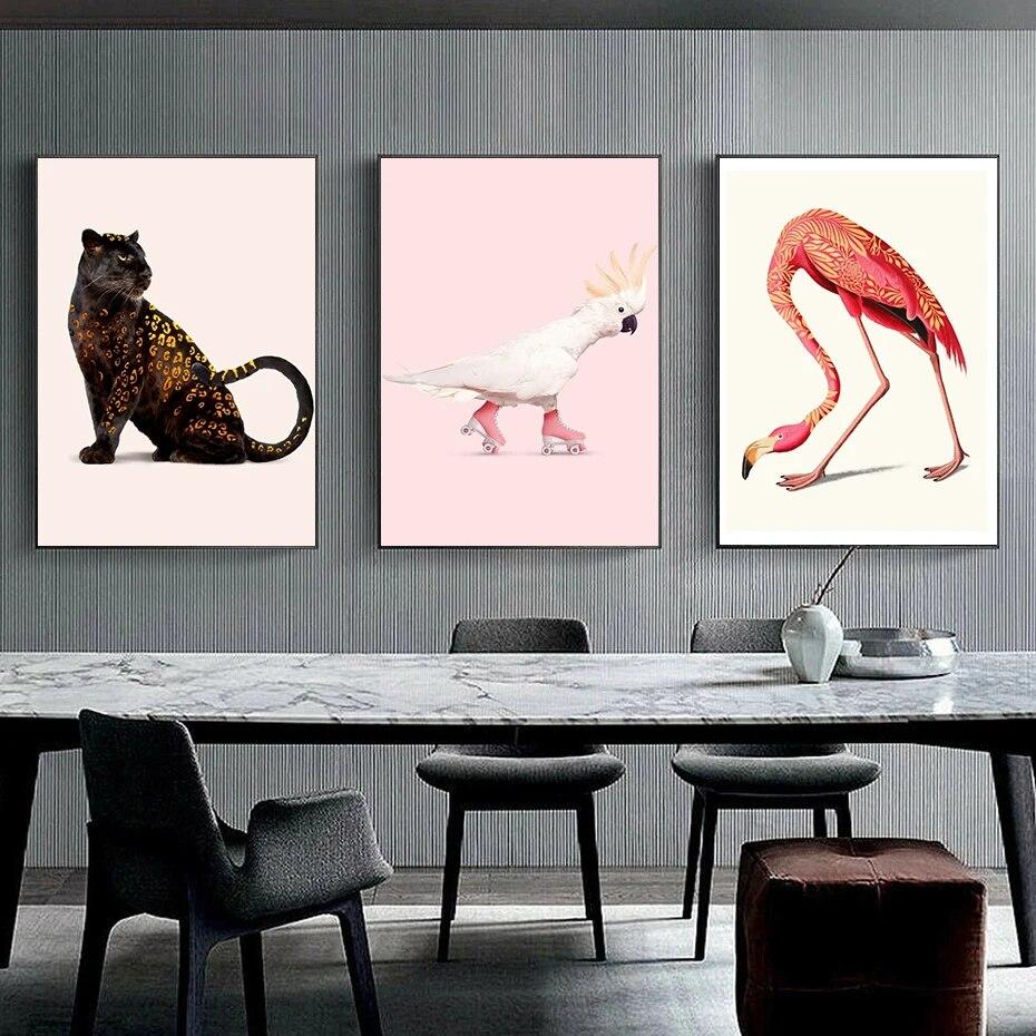 Винтажный цветной холст с изображением животных, олень, леопард, попугай, фламинго, ворона, сова, настенные художественные постеры и принт для дома, Декор в гостиную, без рамки