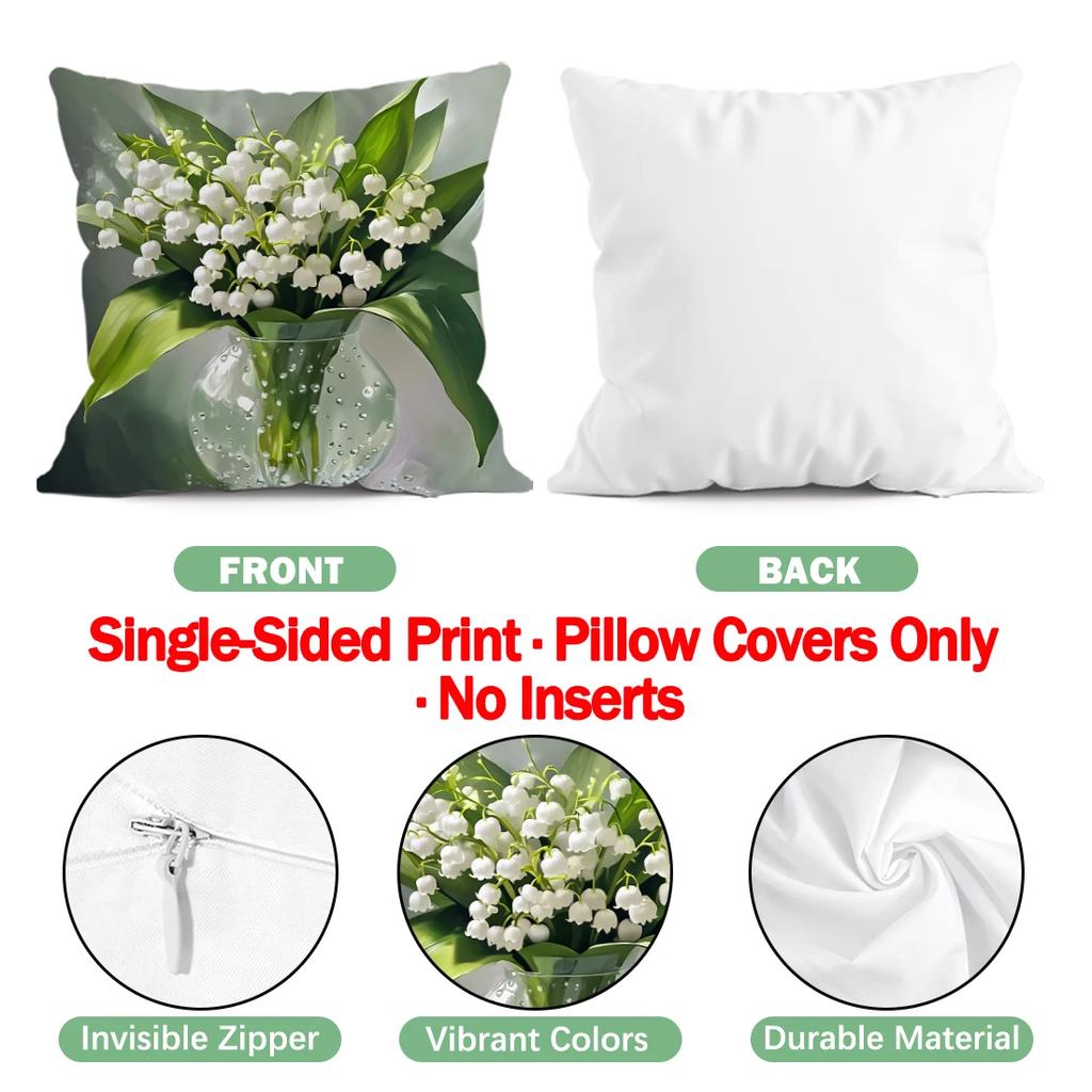 4 Pcs White Flower Single-Sided Printed Pillowcase Cushion Cover,Suitable For Living Room,Bedroom,Car Decoration
