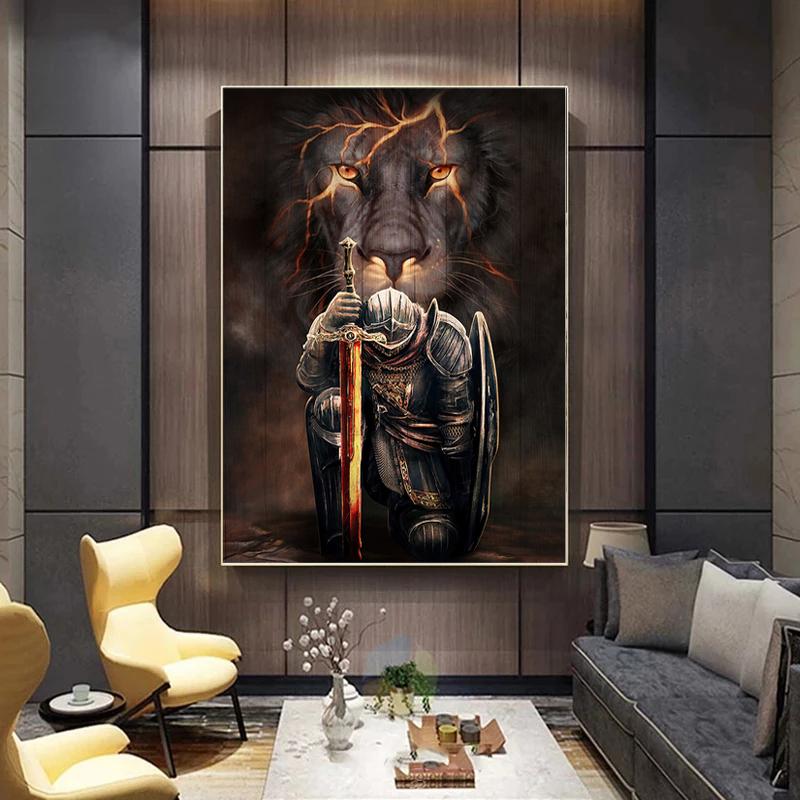 Плакат с изображением рыцаря Христианский лев и доспехи веры Картина на холсте Художественная картина Подарки на Пасху Декор для гостиной Домашний декор Без рамки
