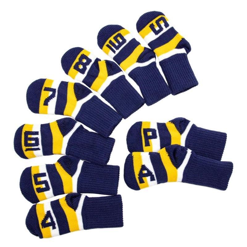 9Pcs Golf Head Headcover Set Knitted Fabric Golf Iron Head Covers Golf Wedges Cover with Big Numbers for Golf Club Head