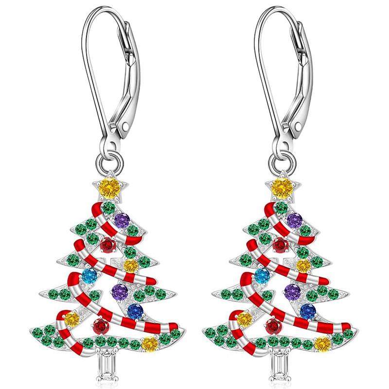 Women Multicolor Rhinestone Christmas Tree Drop Earrings Silver Color Festive Xmas Holiday Party Earring Jewelry Gift
