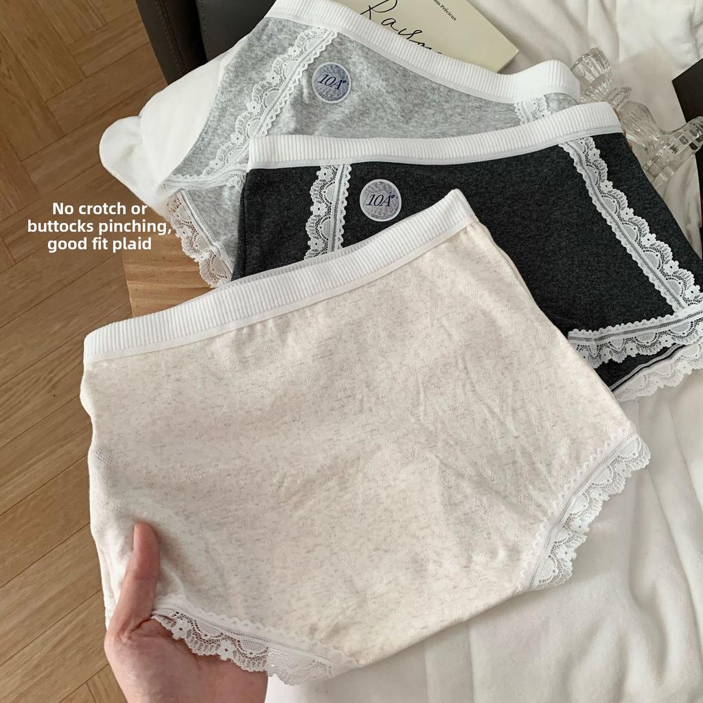 Female Spring and Autumn Pure Cotton Lace 10A Antibacterial Extended Crotch Wrap Hip Breathable Mid Waist Flat Angle Briefs