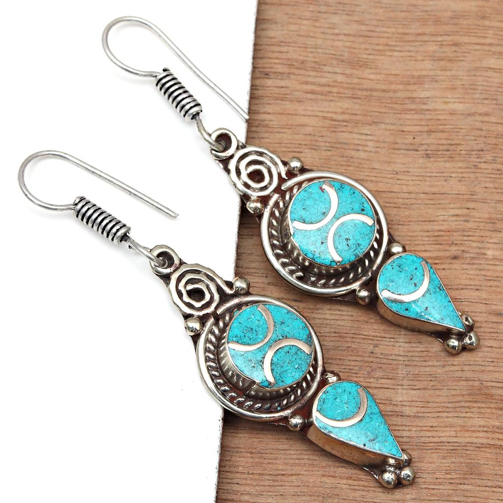 Nepali Tibetan Turquise Lapis Lazuli Gemstone Silver Jewelry Earring 1.5''