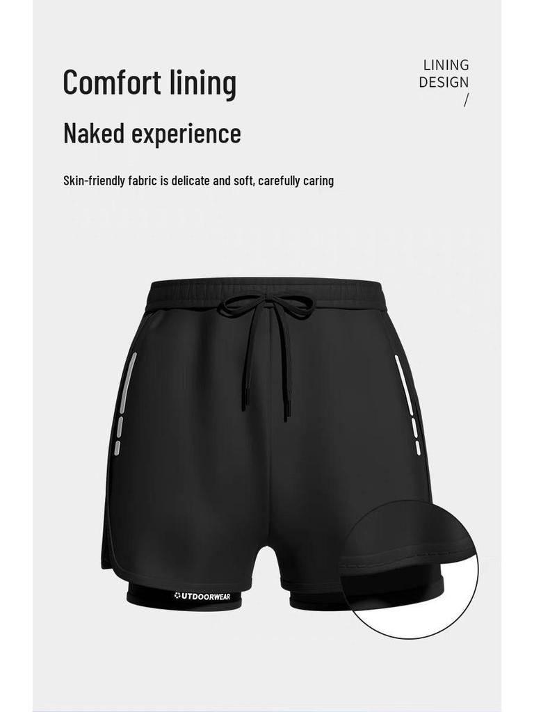 Men's Quick-Dry Double-Layer Swim Trunks with High Elastic Waist and Anti-Embarrassment Lining