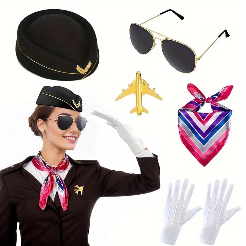 Gloves Scarf Women's Stewardess Costume Dress Up Flight Attendant Hat Stage Performance