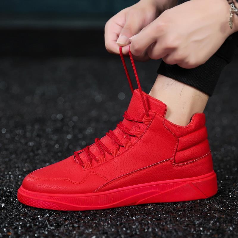 Мужские красные спортивные кроссовки с высоким верхом - корейский стиль, осень/зима, с плюшевой подкладкой, модная повседневная обувь.